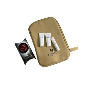 New Aigner Parfums Travel Amenity Kit Tan Canvas Pouch Lip Balm Cream